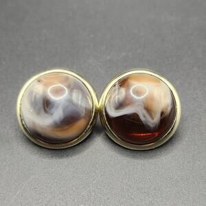 Vintage Gold Tone Round Faux Agate Cabochon Button Stud Earrings Brown Swirl 1in